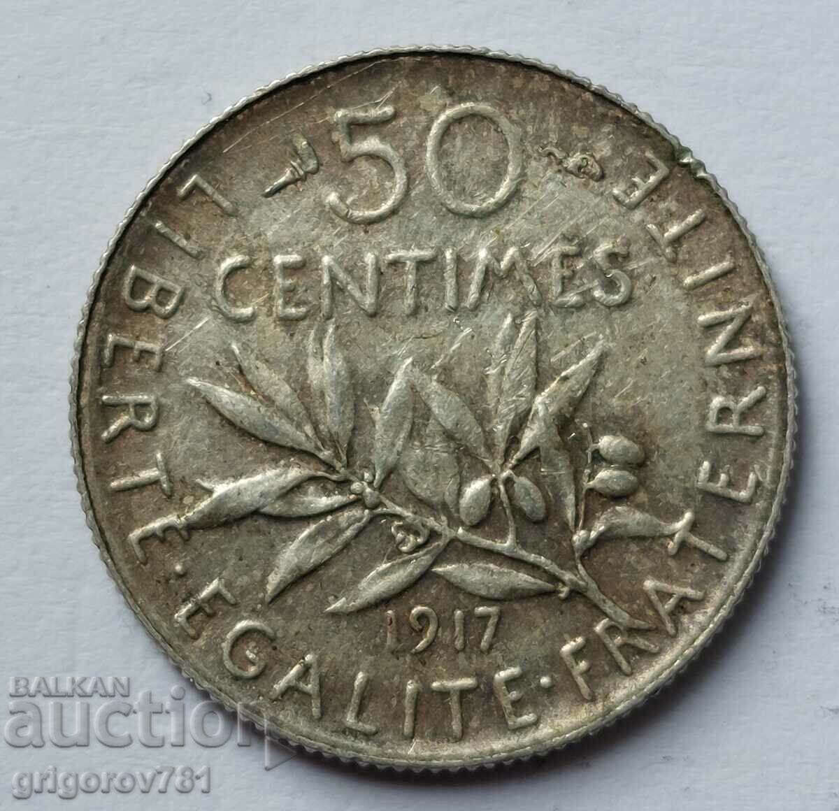 50 сантима сребро Франция 1917 -  сребърна монета №19