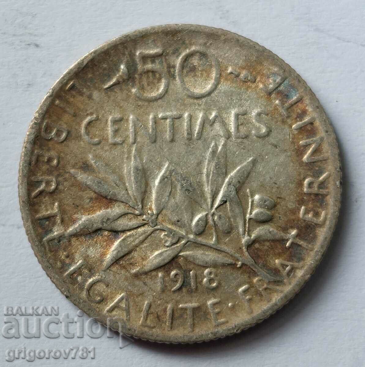 50 centimes silver France 1918 - silver coin №21