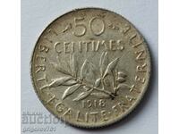 50 сантима сребро Франция 1918 -  сребърна монета №22