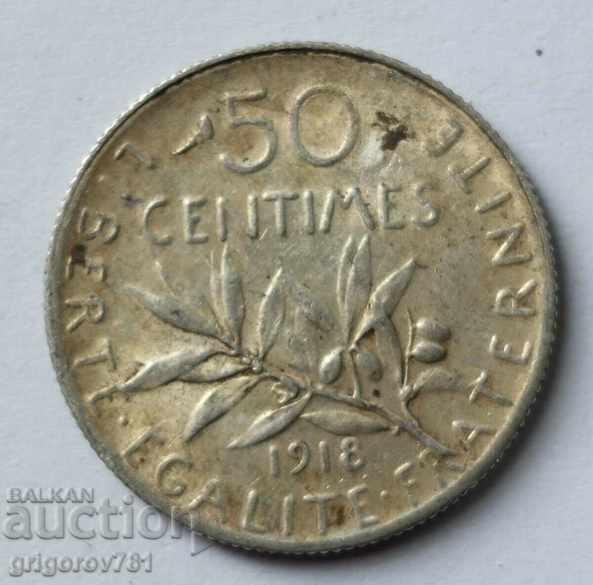 Ασημένιο 50 εκατοστά Γαλλία 1918 - ασημένιο νόμισμα №23