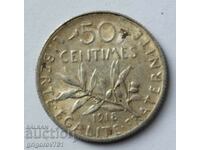 50 сантима сребро Франция 1918 -  сребърна монета №23