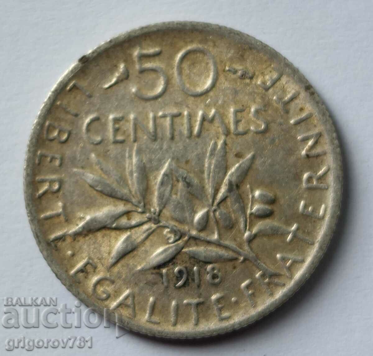 50 сантима сребро Франция 1918 -  сребърна монета №24