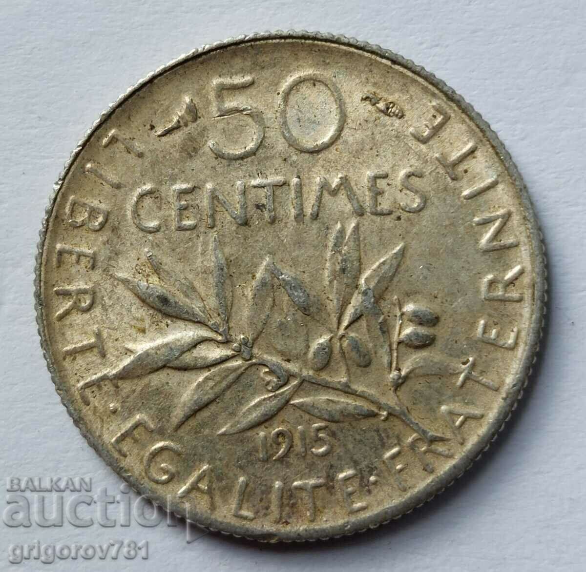 50 сантима сребро Франция 1915 -  сребърна монета №31