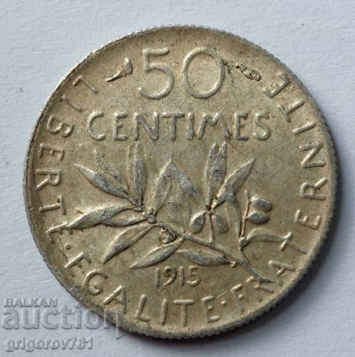 50 сантима сребро Франция 1915 -  сребърна монета №32