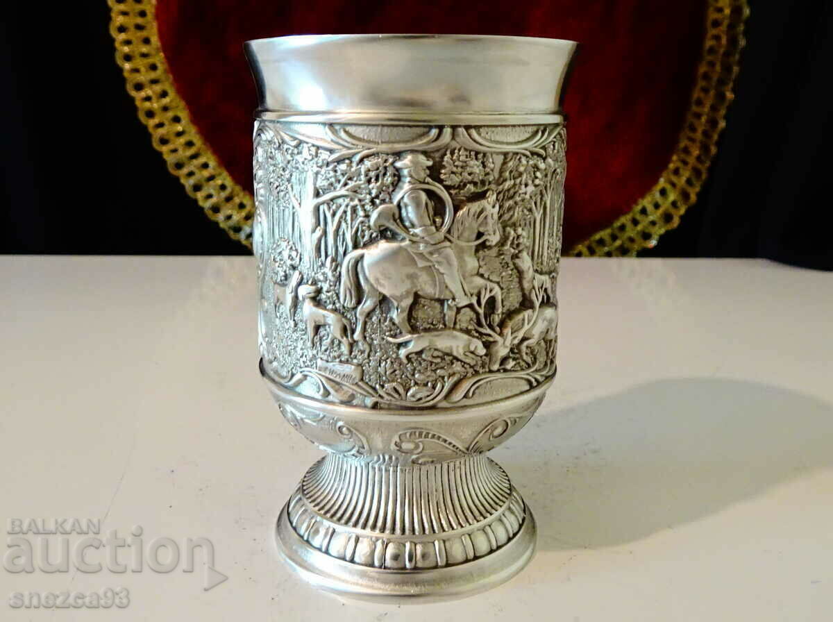 Pewter Wine Bowl, Rider, Dogs, Deer Pewter Wine Bowl, Rider, Dogs, Deer