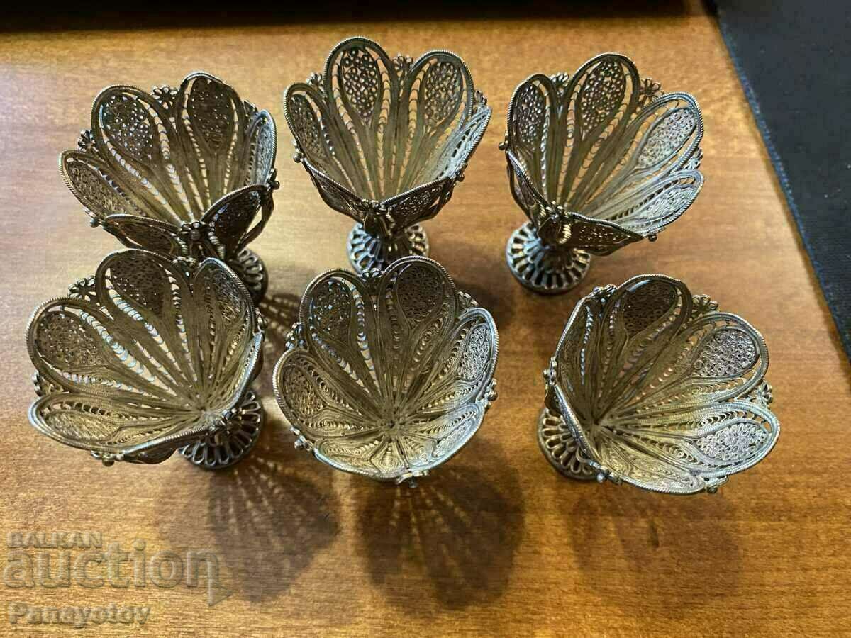 Лот османски зарфове филигран комплект 6 бр сребро чашки