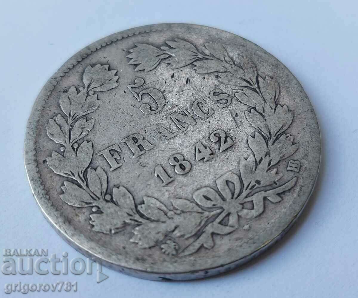 Δημοπρασία Ασημένιο 5 φράγκα Γαλλία 1842 BB Louis Philippe ασημένιο νόμισμα # 6