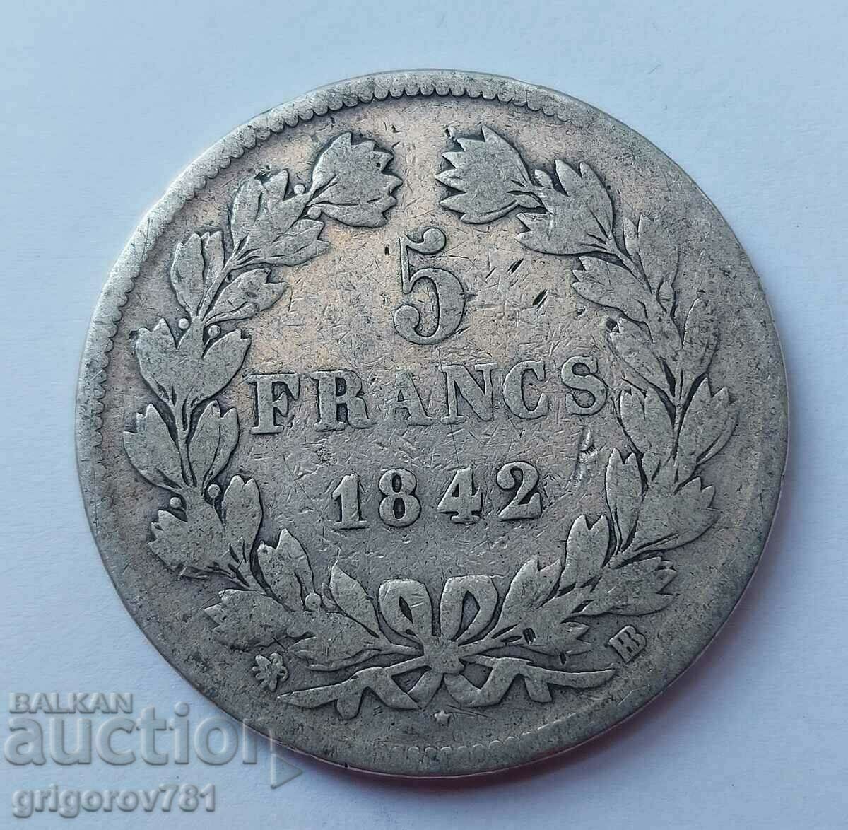 Moneda de argint de 5 franci Franța 1842 BB Louis Philippe # 6