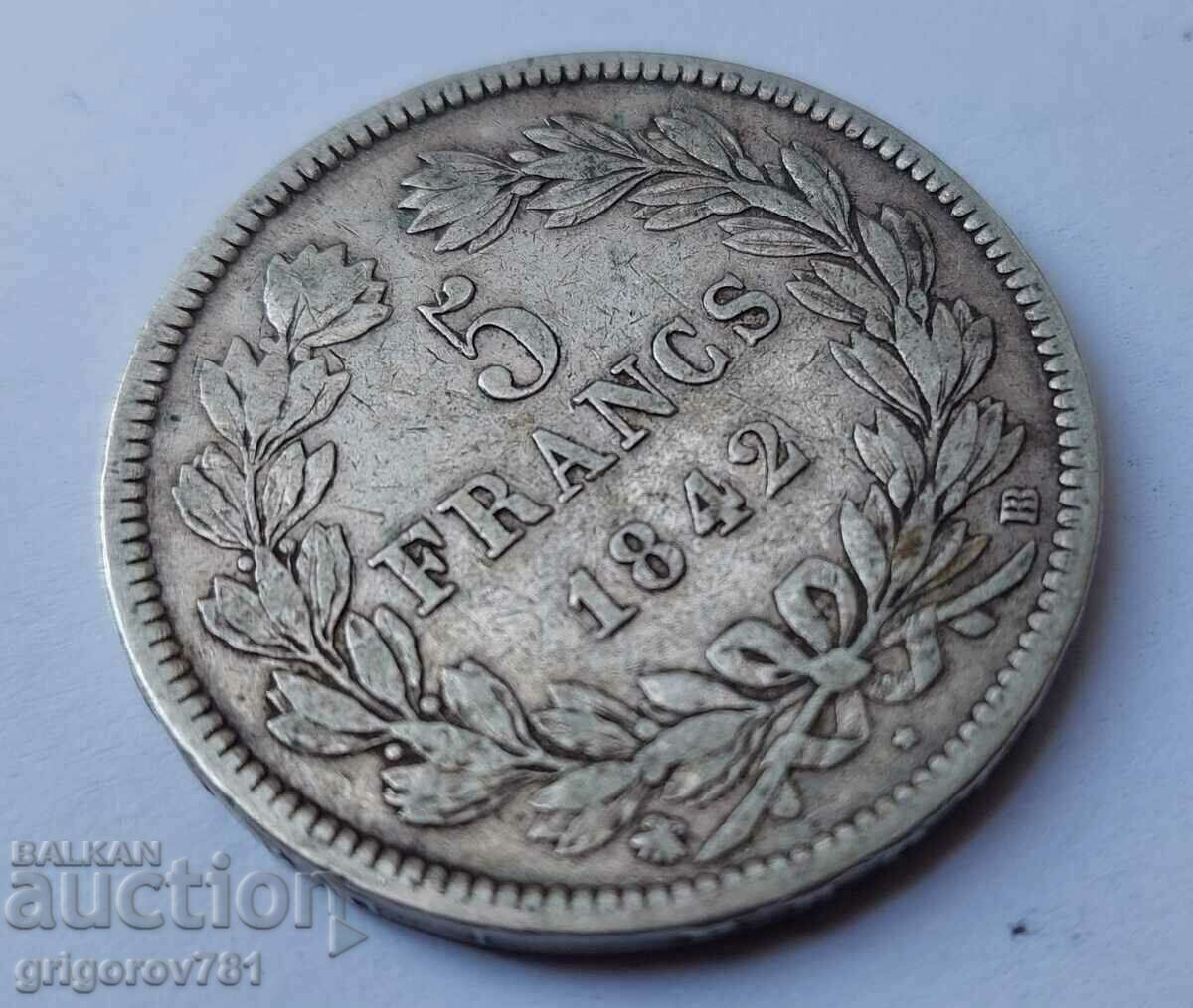Δημοπρασία Ασημένιο 5 φράγκα Γαλλία 1842 BB Louis Philippe ασημένιο νόμισμα # 7