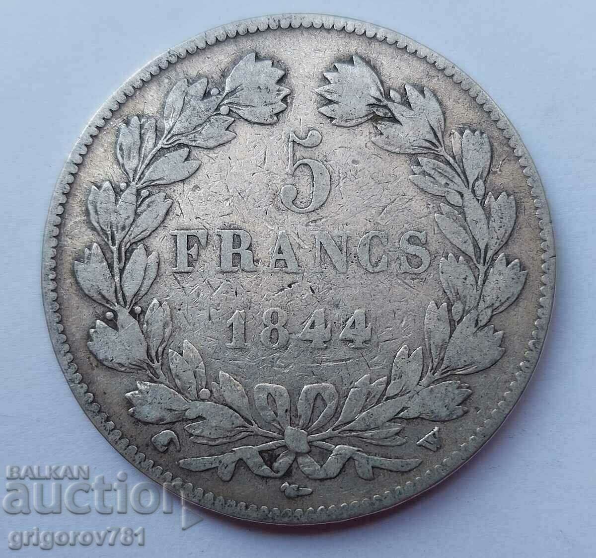 Moneda de argint de 5 franci Franța 1844 W Louis Philippe # 8