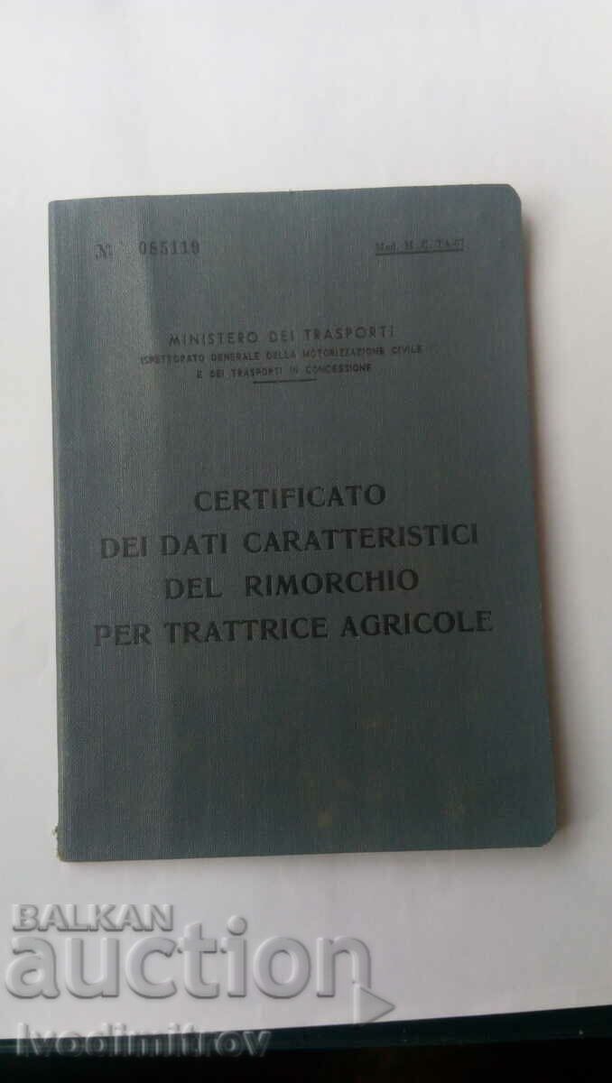 Certificato dei Dati Caratteristici del Remorchio 1958