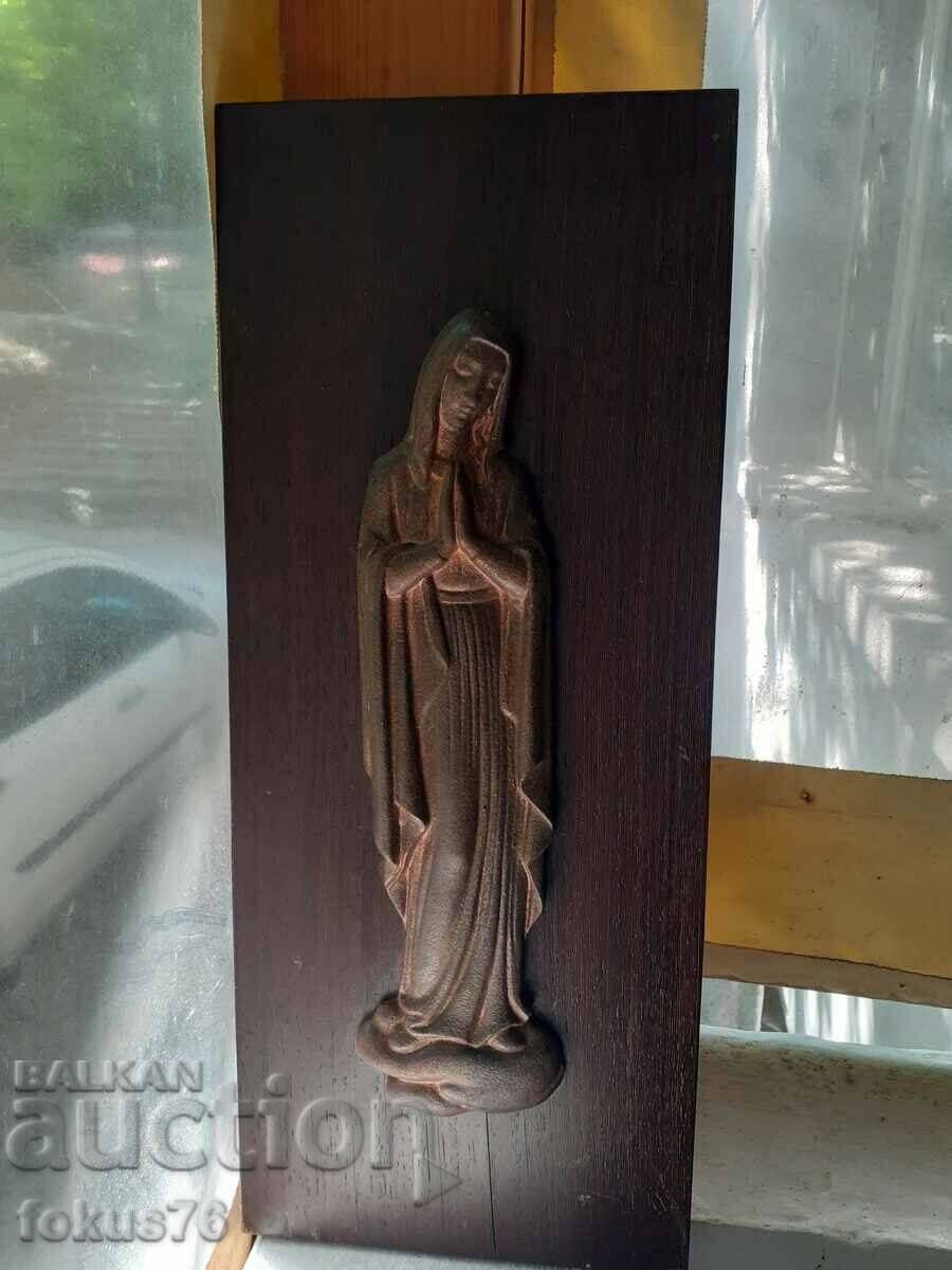Virgin Mary panel of cast iron statue icon statuette massive