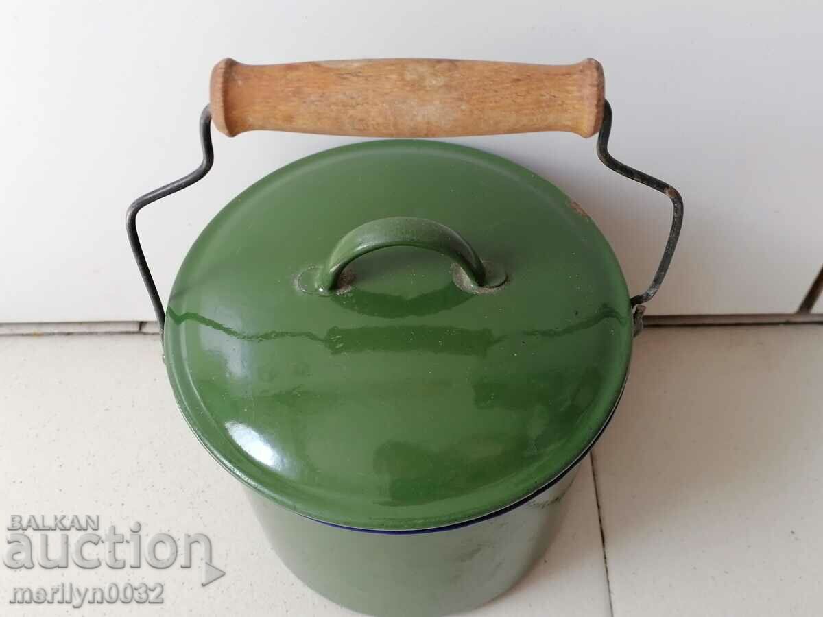 Old enameled social jug with lid, enameled food container with price 46.00 BGN | € 23.52