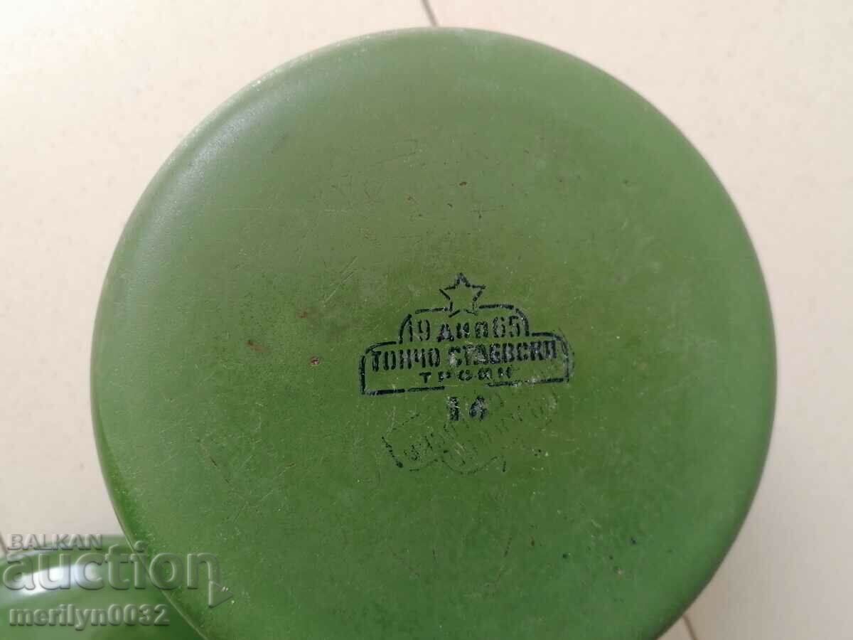 Delivery of Old enameled social jug with lid, enameled food container