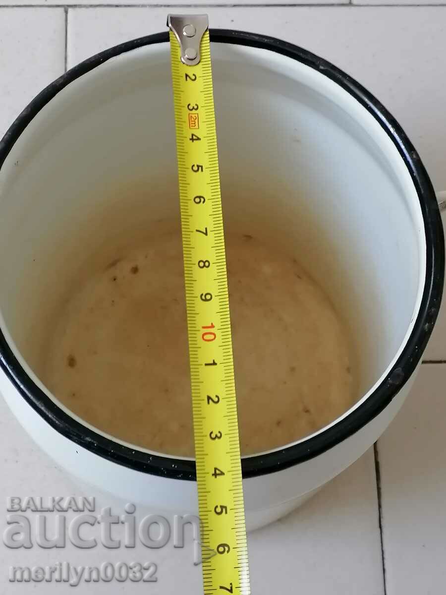 Delivery of Old enameled social jug with lid, enameled food container