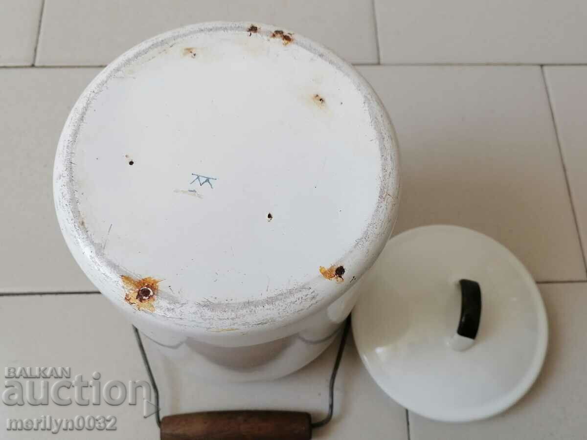 Old enameled social jug with lid, enameled food container - 5