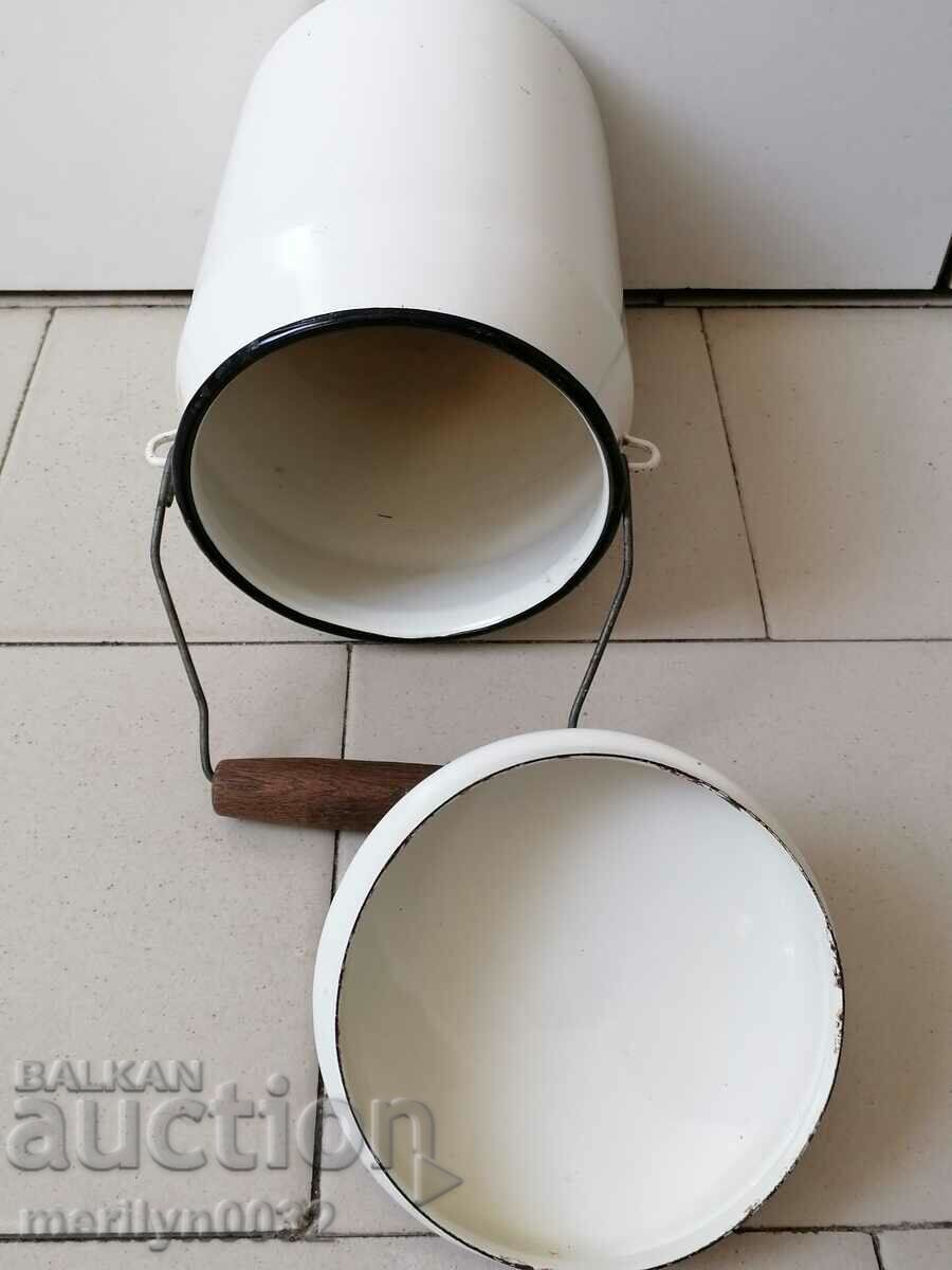 Old enameled social jug with lid, enameled food container - 6