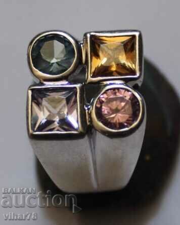 Сребърен пръстен с сапфир,цитрин,аквамарин и цирконий - 5 Сребърен пръстен с сапфир,цитрин,аквамарин и цирконий - 5