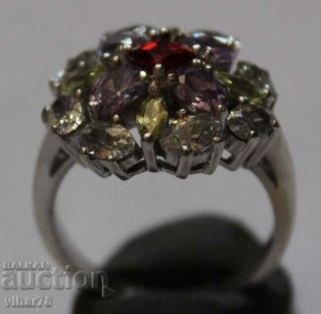 Auction  Silver ring with garnet, aquamarine, citrine and mountain cr
