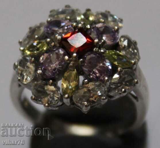 Silver ring with garnet, aquamarine, citrine and mountain cr