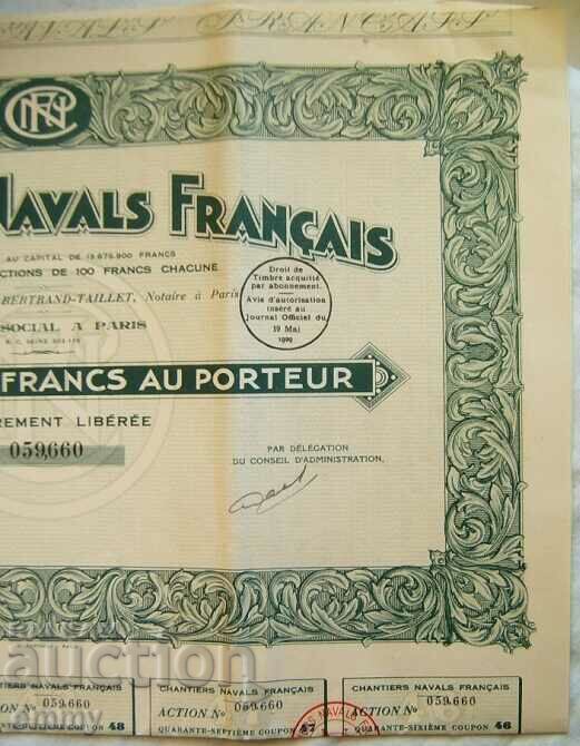 Auction  Action 100 francs of French shipyards, 1929