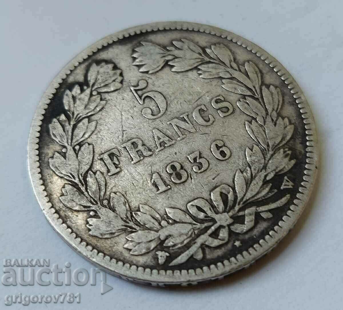 Δημοπρασία Ασημένιο 5 φράγκα Γαλλία 1836 W - ασημένιο νόμισμα # 27
