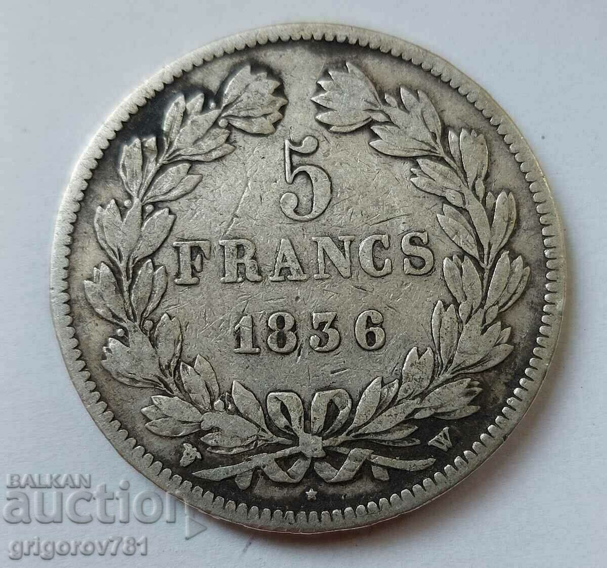 5 франка сребро Франция 1836 W  - сребърна монета #27