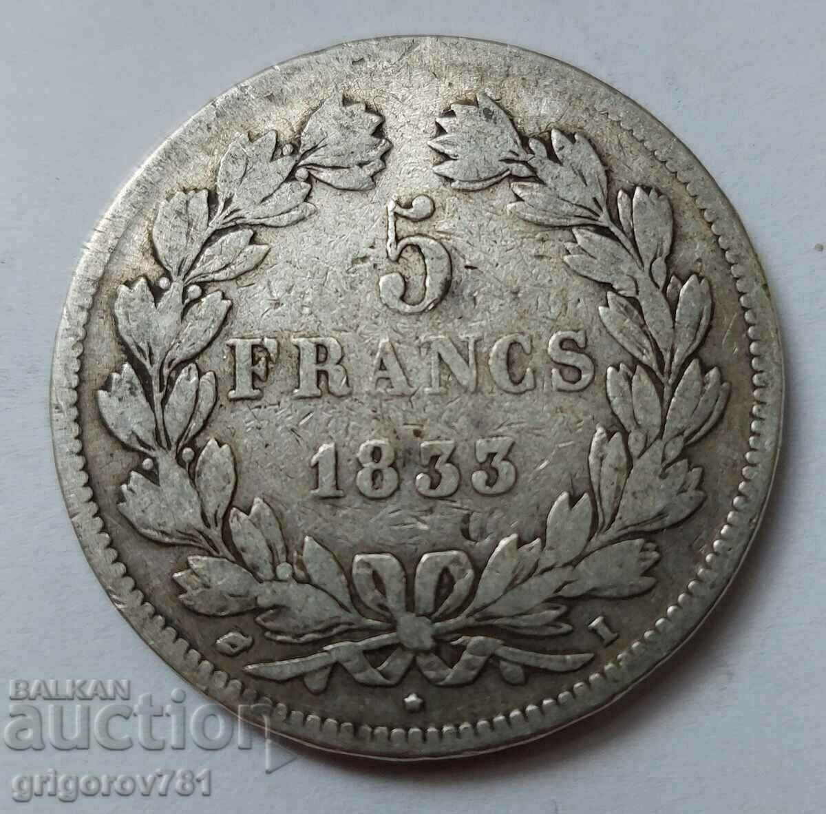 Ασημένιο 5 φράγκα Γαλλία 1833 I - ασημένιο νόμισμα # 36