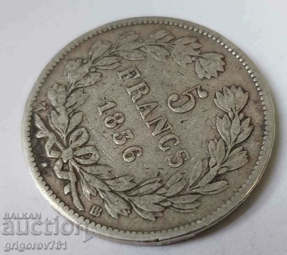 Παράδοση Ασημένιο 5 φράγκα Γαλλία 1836 BB - ασημένιο νόμισμα # 38 Παράδοση Ασημένιο 5 φράγκα Γαλλία 1836 BB - ασημένιο νόμισμα # 38