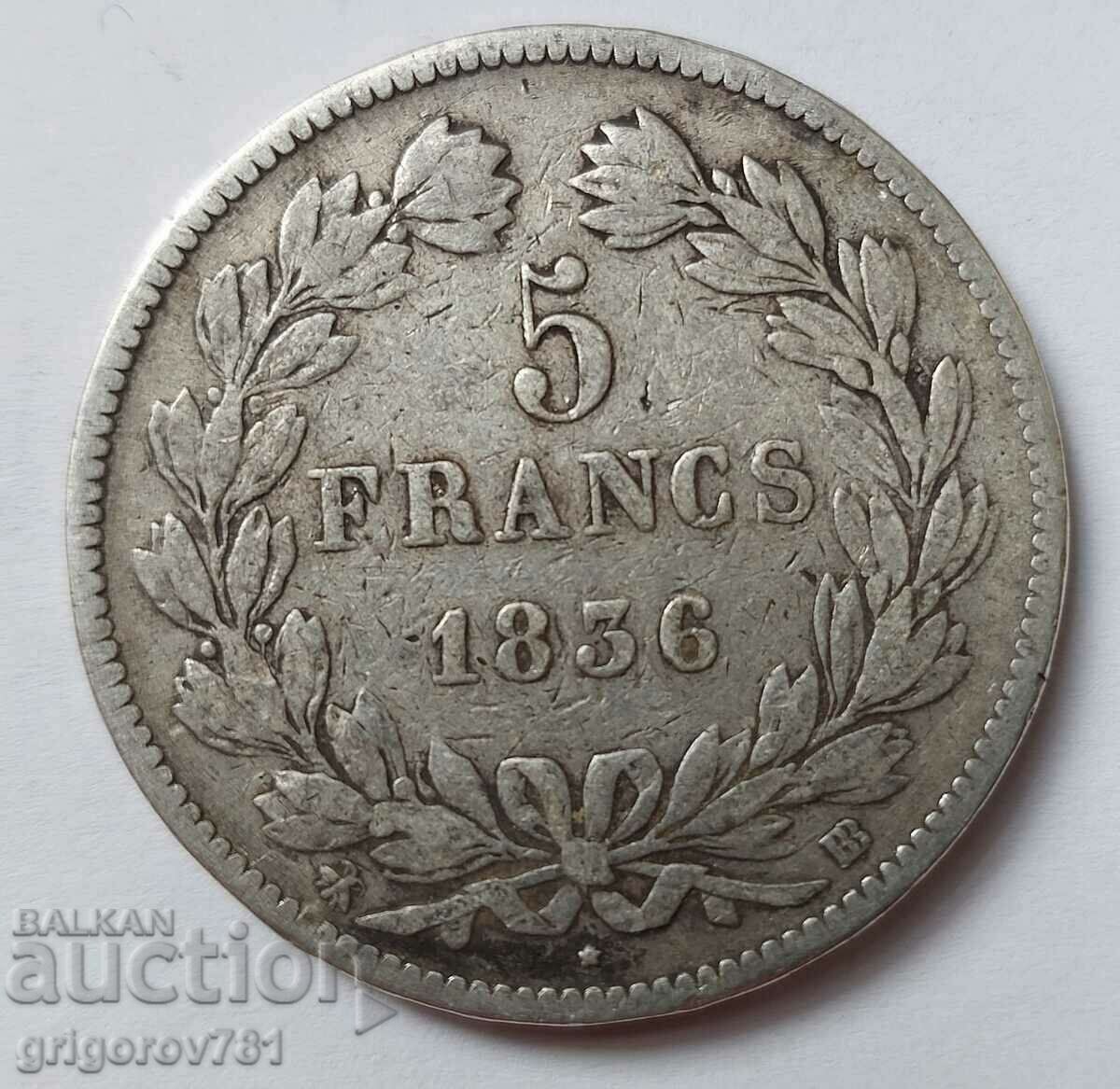 Ασημένιο 5 φράγκα Γαλλία 1836 BB - ασημένιο νόμισμα # 38