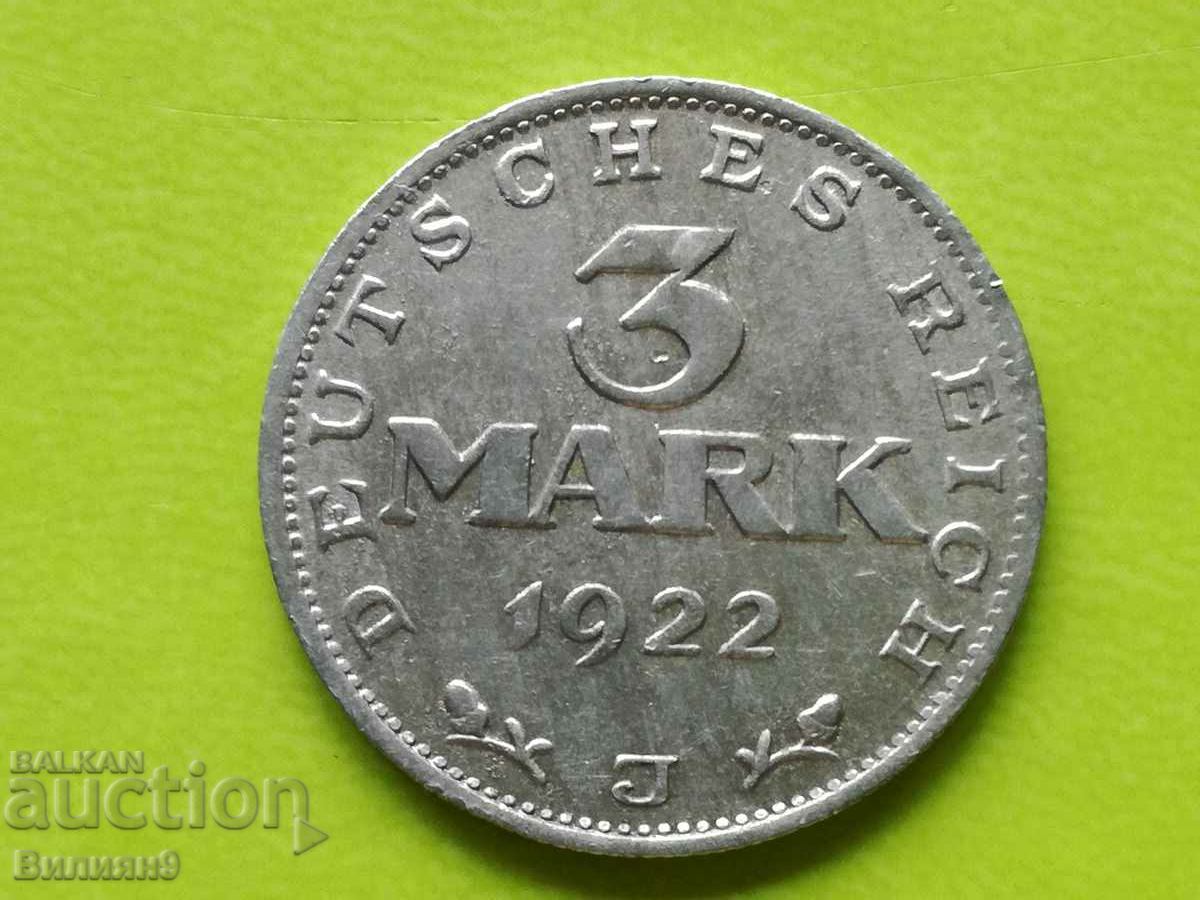 3 марки 1922 ''J'' Германия Unc