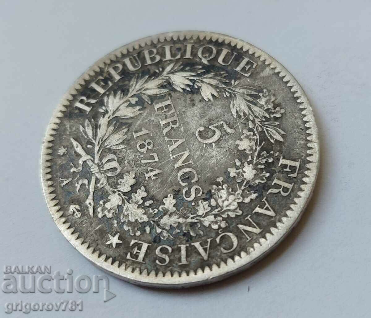 Livrarea 5 franci argint Franța 1874 A - monedă de argint # 49