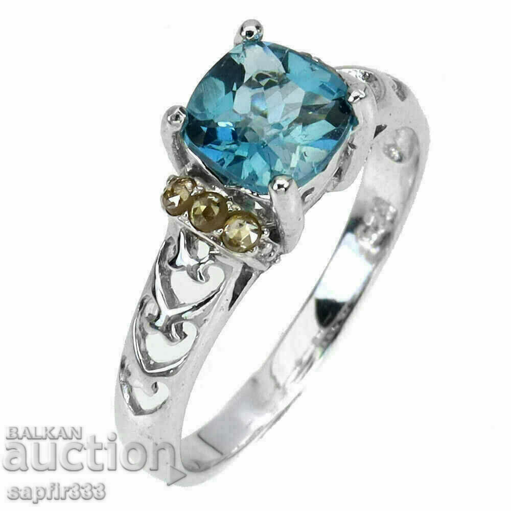 EXCELLENT SILVER RING WITH NATURAL BLUE TOPAZ AND DIAMONDS with price 782.00 BGN | € 399.83 EXCELLENT SILVER RING WITH NATURAL BLUE TOPAZ AND DIAMONDS with price 782.00 BGN | € 399.83