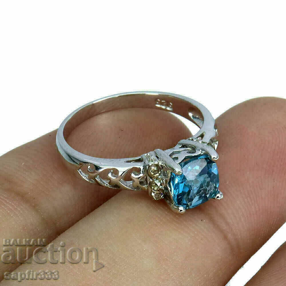 Auction EXCELLENT SILVER RING WITH NATURAL BLUE TOPAZ AND DIAMONDS Auction EXCELLENT SILVER RING WITH NATURAL BLUE TOPAZ AND DIAMONDS