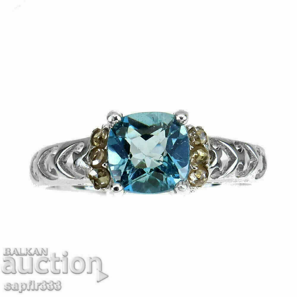 EXCELLENT SILVER RING WITH NATURAL BLUE TOPAZ AND DIAMONDS