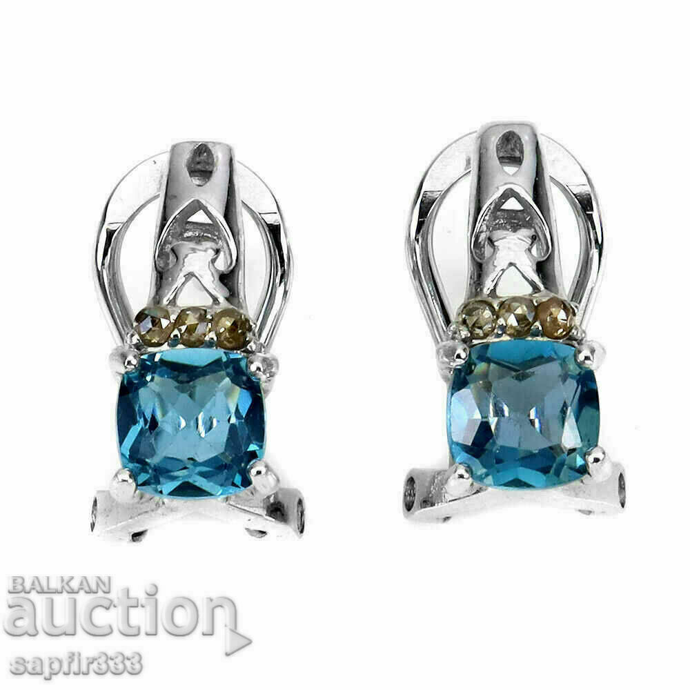EXCELLENT SILVER EARRINGS WITH NATURAL BLUE TOPASES AND DIAMONDS