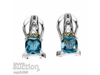 EXCELLENT SILVER EARRINGS WITH NATURAL BLUE TOPASES AND DIAMONDS