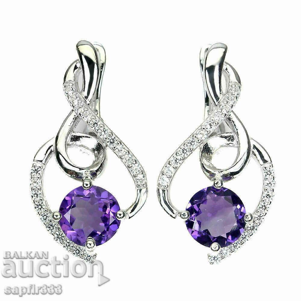 EXCELLENT SILVER EARRINGS WITH NATURAL AMETHYSTS AND ZIRCONI