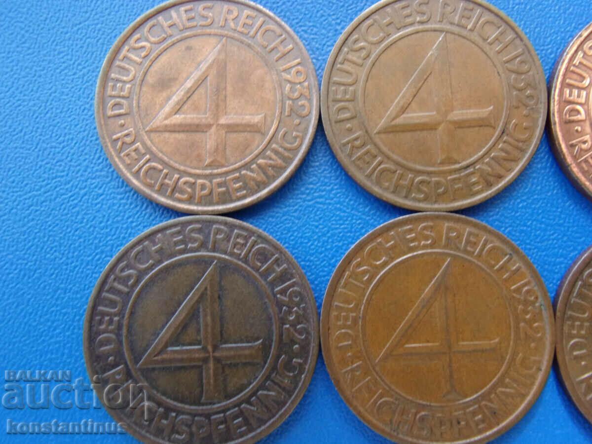 Германия Ваймар Пълен Сет 4 пфенига 1932 ADEFGJ Rare с цена € 76.69 | 149.99 лв.
