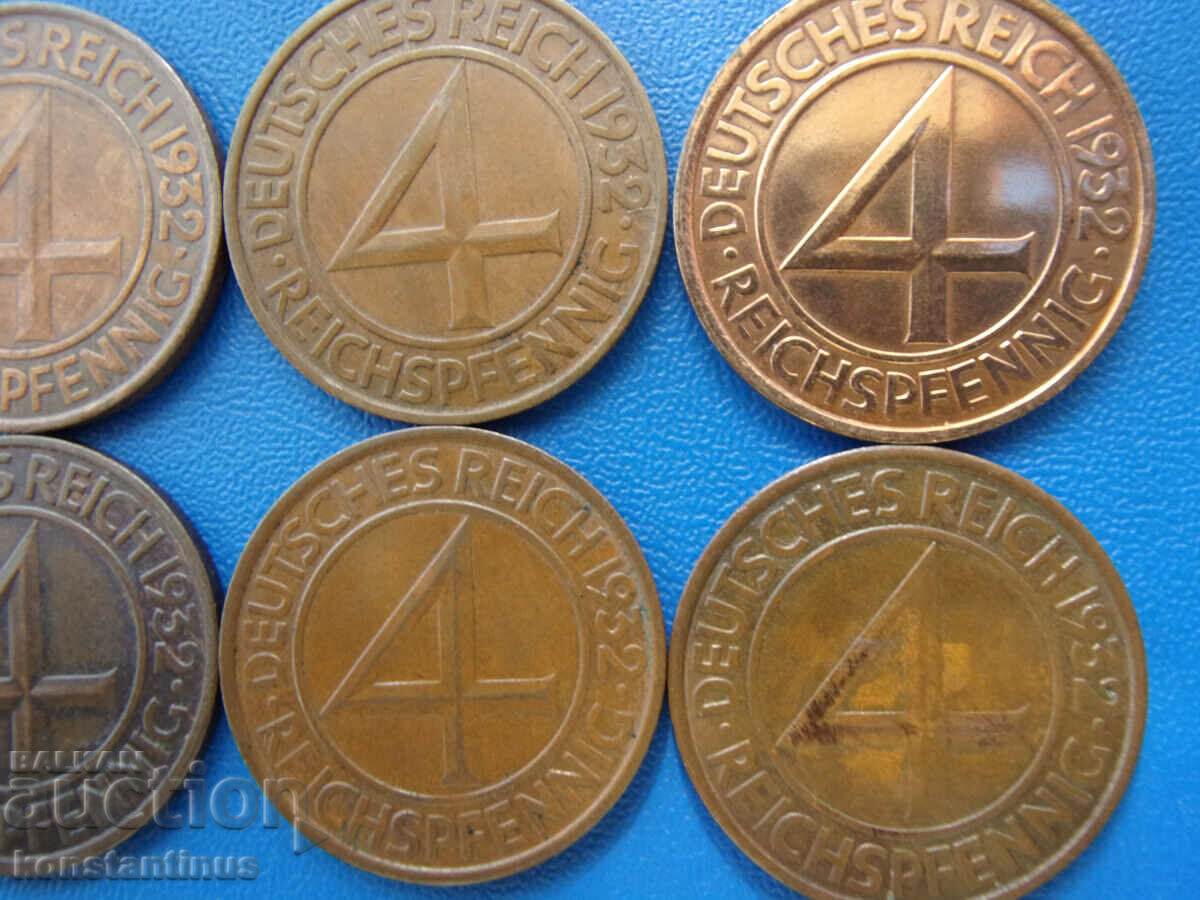Аукцион Германия Ваймар Пълен Сет 4 пфенига 1932 ADEFGJ Rare