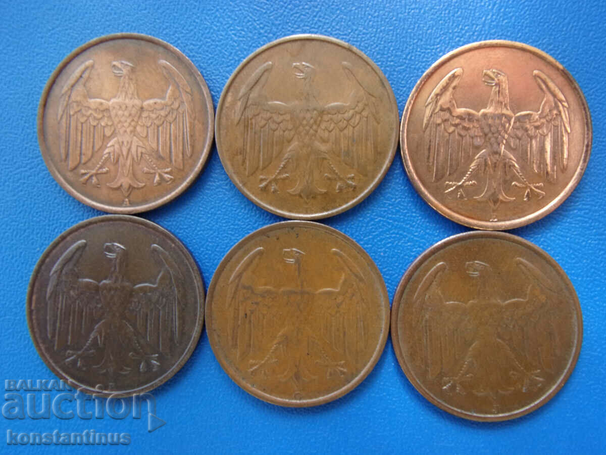Доставка на Германия Ваймар Пълен Сет 4 пфенига 1932 ADEFGJ Rare
