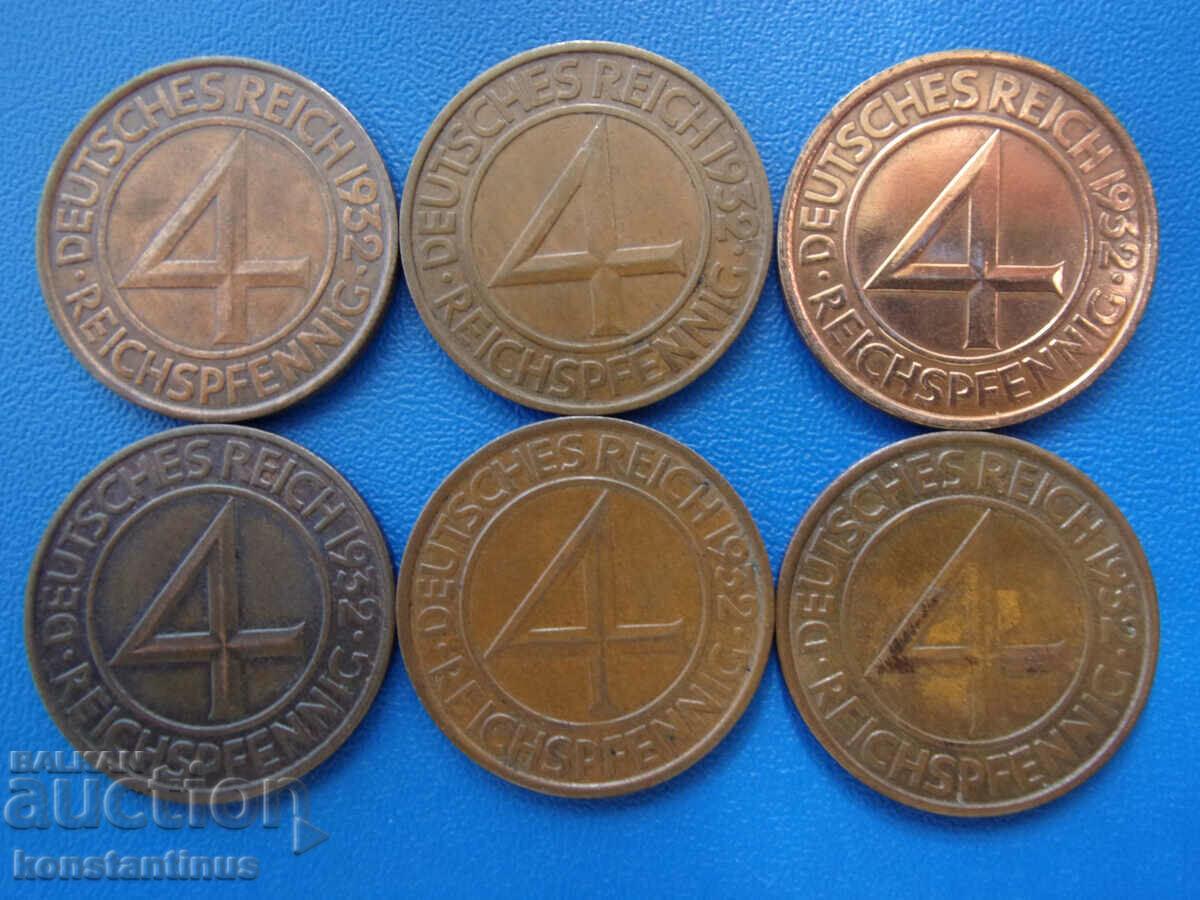 Germany Weimar Complete Set 4 pfennigs 1932 ADEFGJ Rare