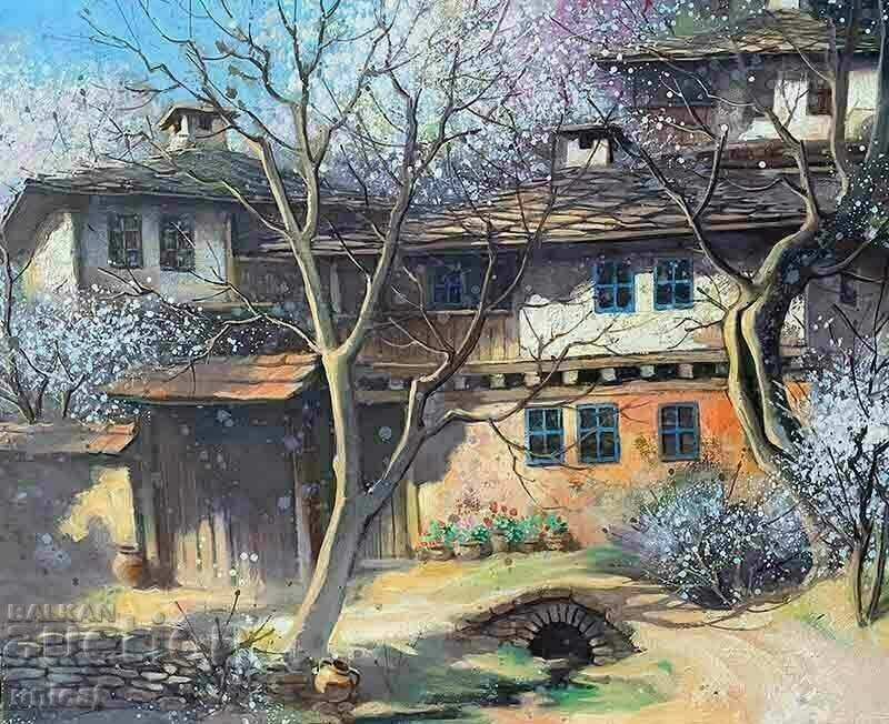 Old houses, spring, painting