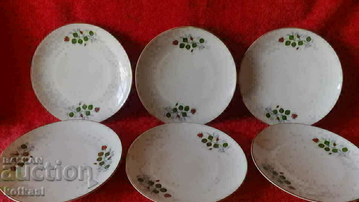 Old social porcelain set plate 6 cakes dessert marked with price 25.50 BGN | € 13.04