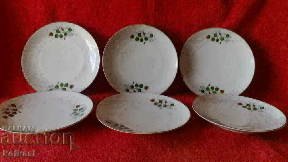 Old social porcelain set plate 6 cakes dessert marked