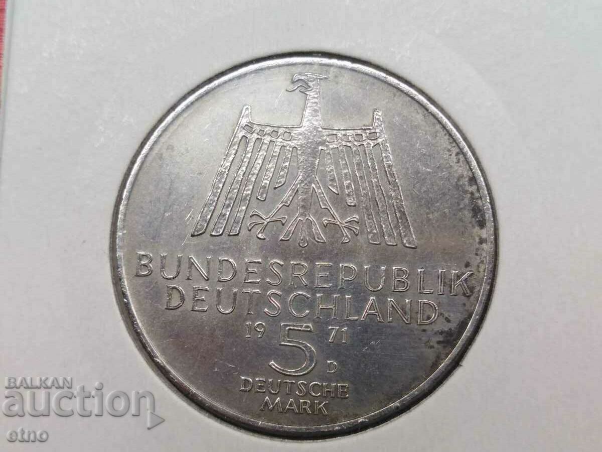 ГЕРМАНИЯ 5 МАРКИ 1971,СРЕБРО,АЛБРЕХТ ДЮРЕР, МОНЕТА, МОНЕТИ с цена 50.00 лв. | € 25.56