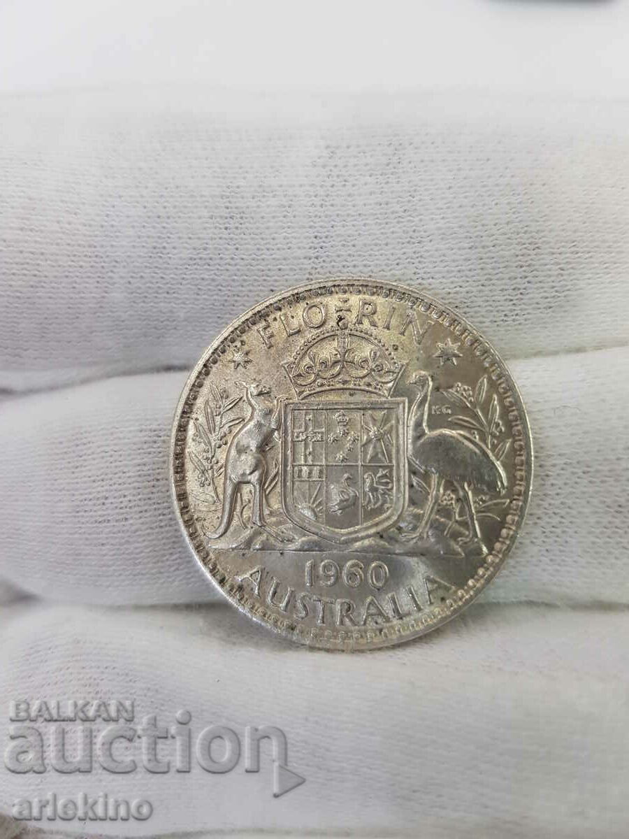 Rare Australia-England 1960 FLORIN Silver Coin Lustrous
