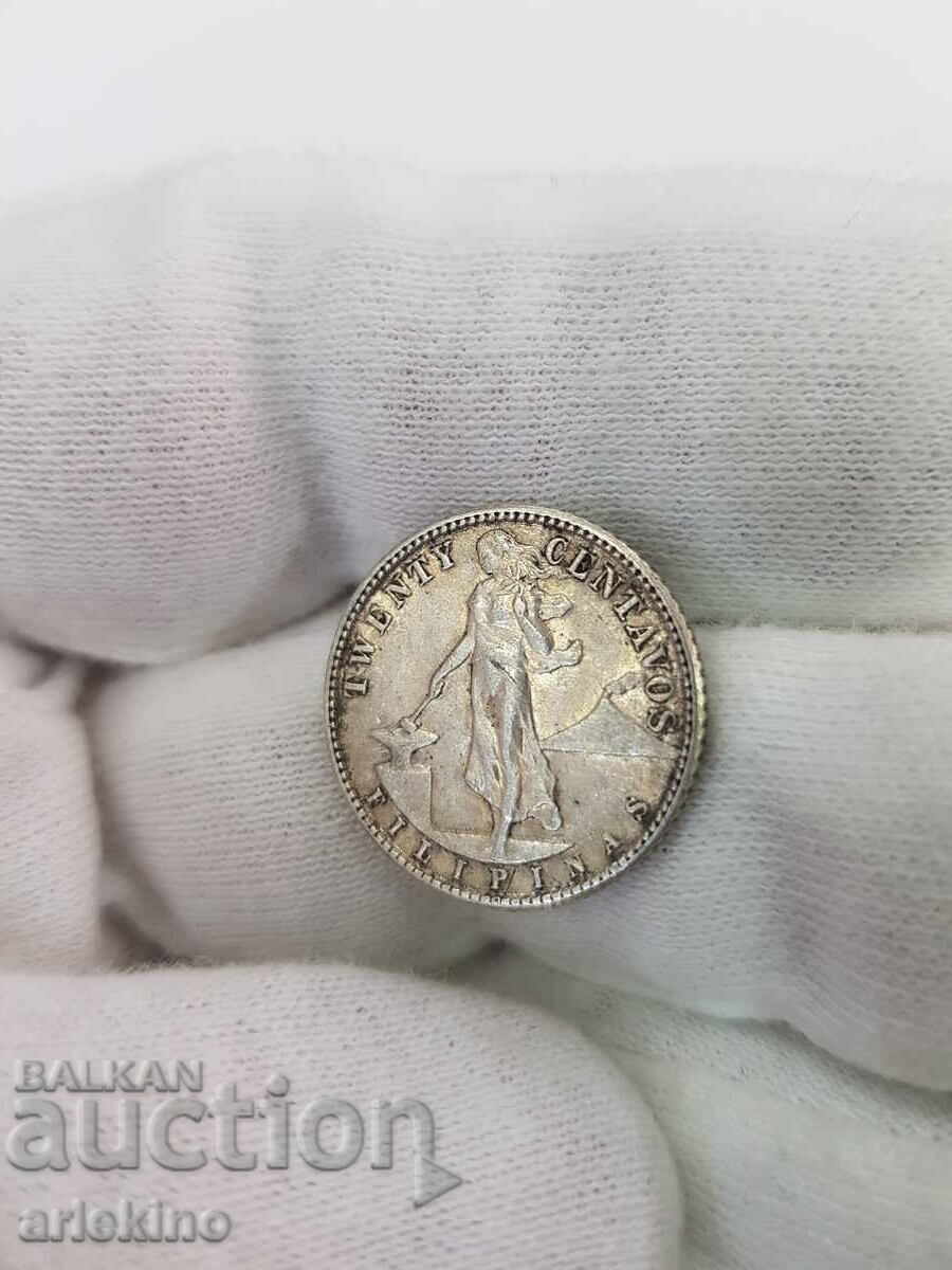 Monedă rară de argint Filipine 20 CENTAVOS 1945