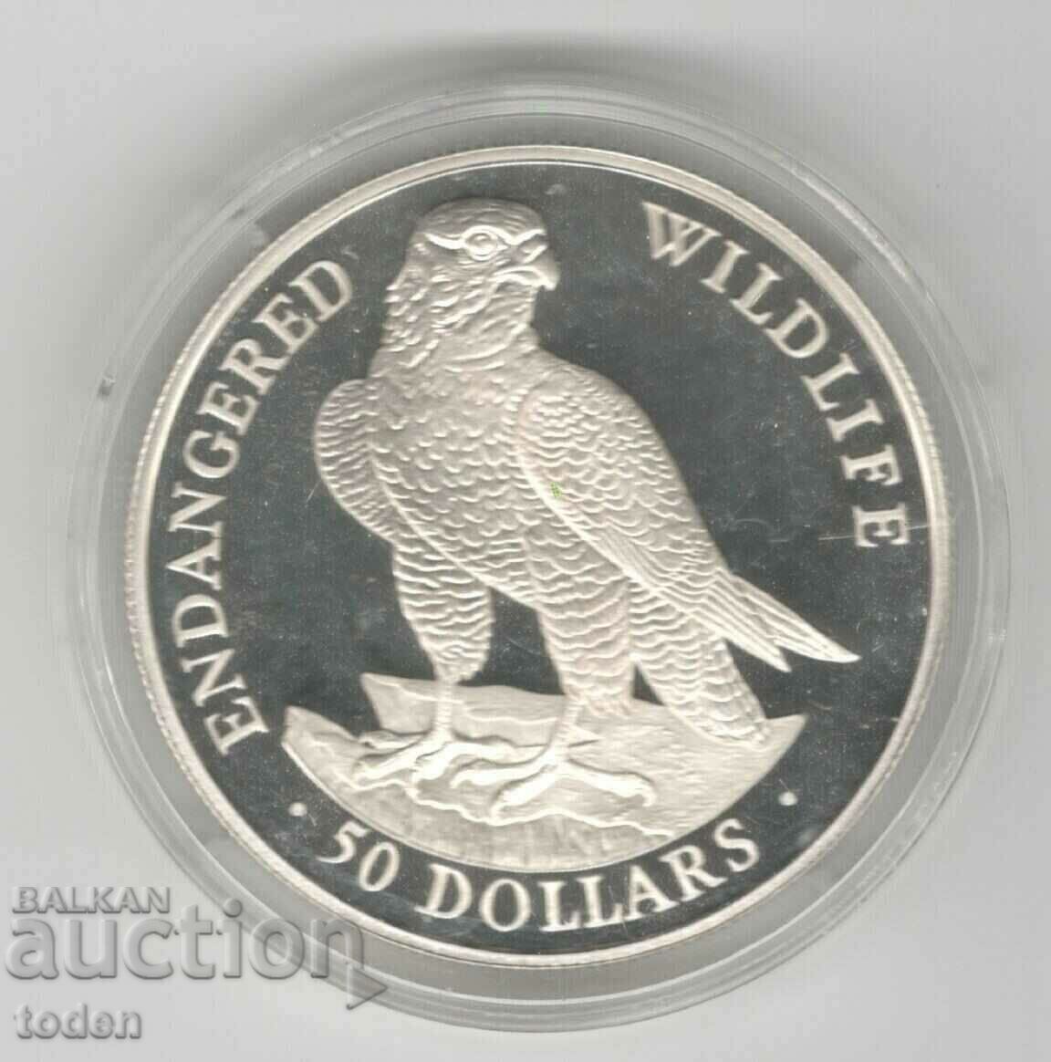 Auction  Cook Islands-50 Dollars-1991-KM# 119-Peregrine Falcon-Silver