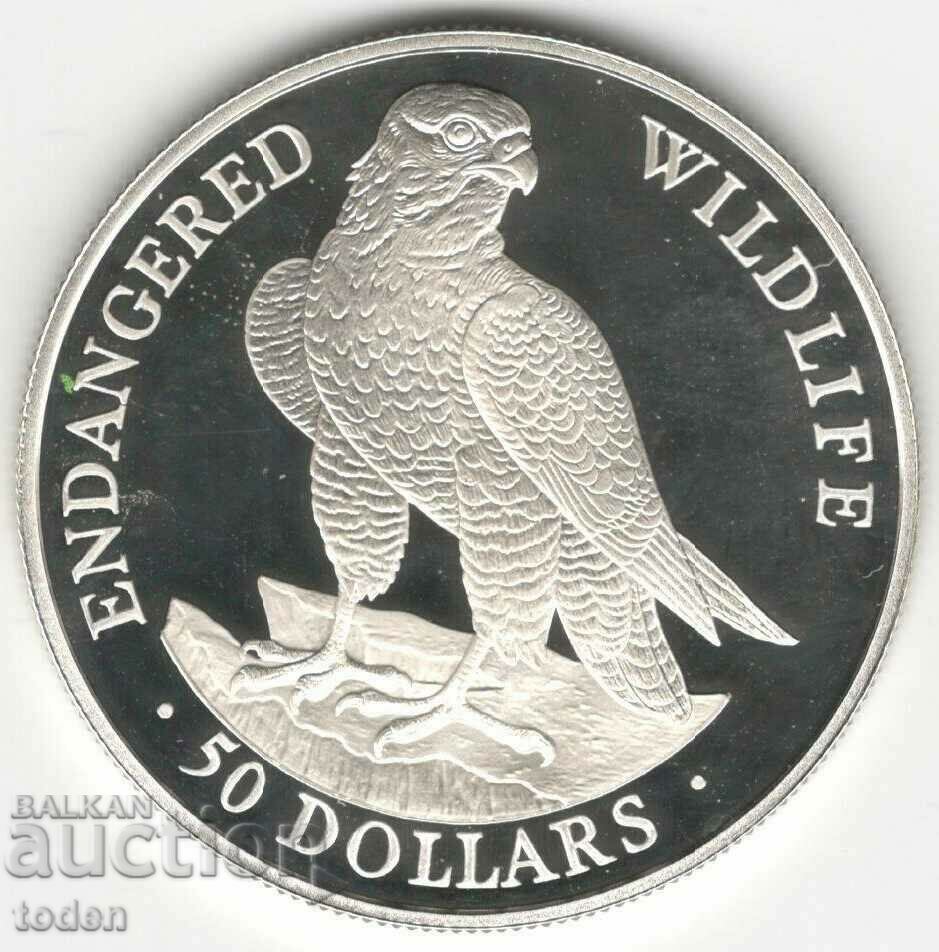 Cook Islands-50 Dollars-1991-KM# 119-Peregrine Falcon-Silver